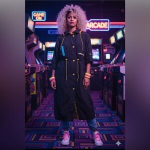 Vintage Pizazz trench coat wind breaker long neon detailing cinch waist